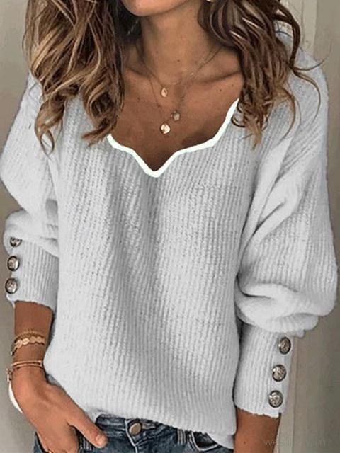 Solid Color Knitted V-neck Loose Sweater-Pinkami