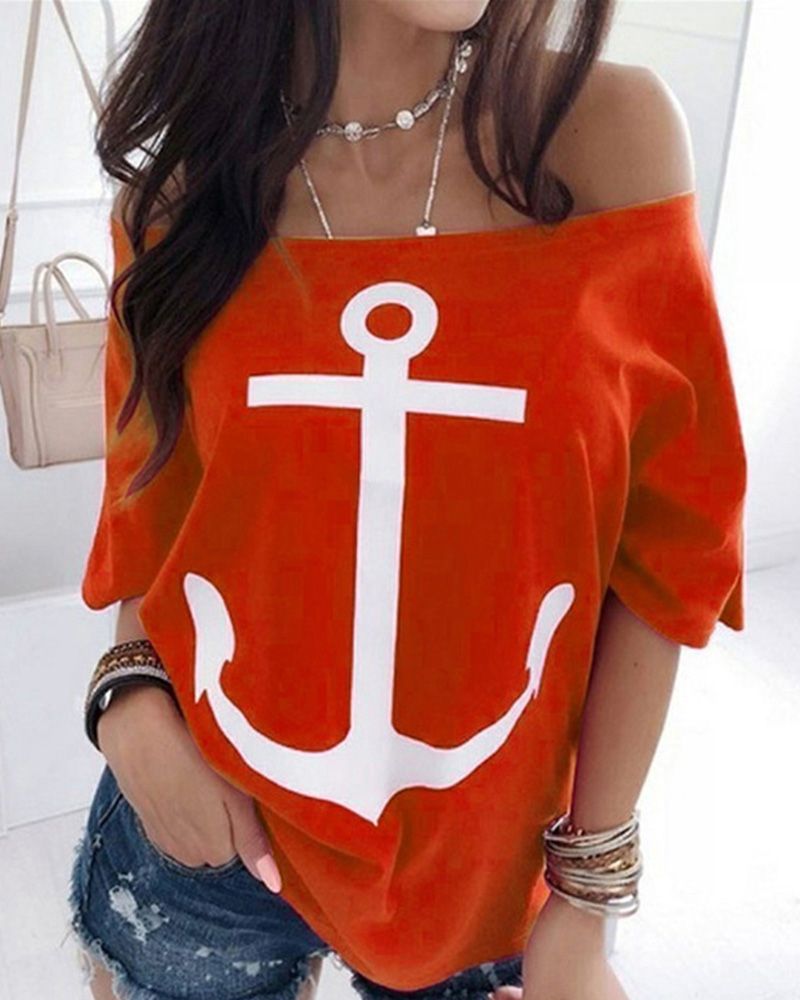 Anchor Print Half Sleeve Off Shoulder T-Shirt-Pinkami