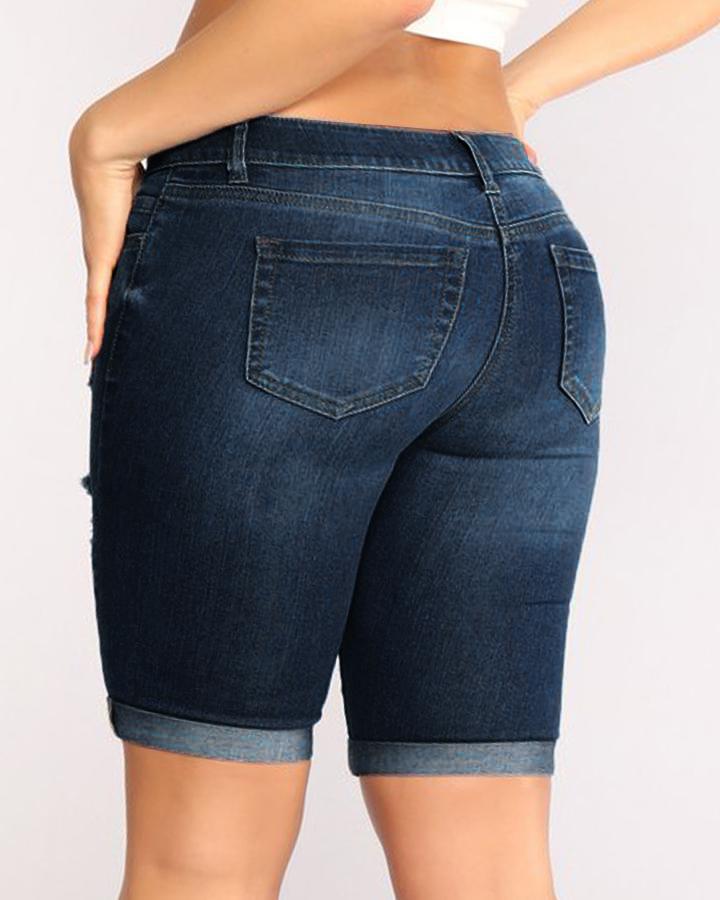 Women Ripped Zip Fly Pocket Detail Rolled Cuff Demin Shorts-Pinkami