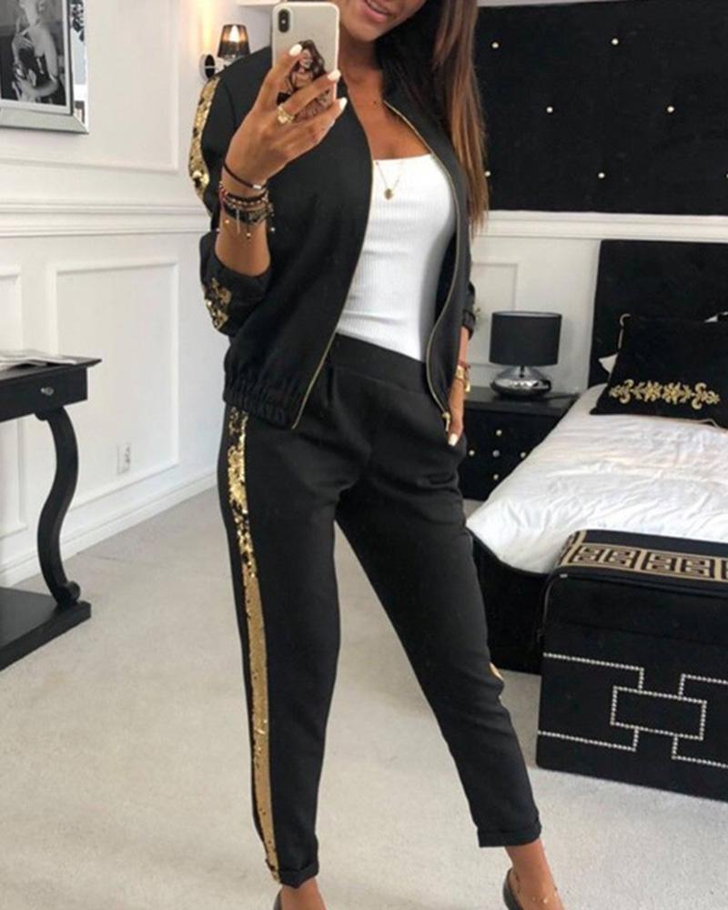 Sequins Decor Tape Zip Up Front Top & Cropped Pants Set-Pinkami