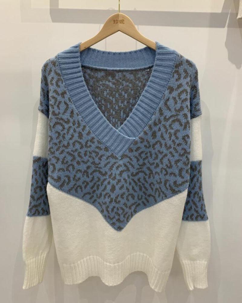 Colorblock Leopard Print Overlap Collar Sweater-Pinkami