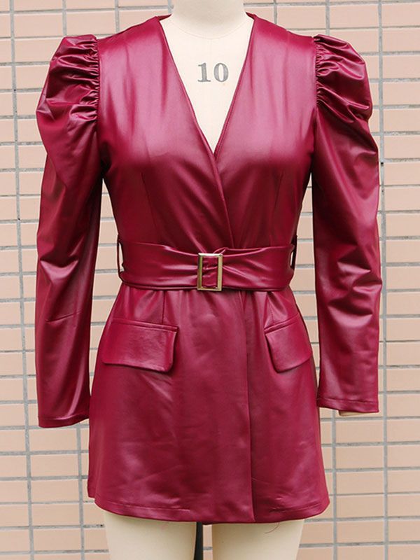 Burgundy Long Sleeves Sash PU Leather Short Mini Dress