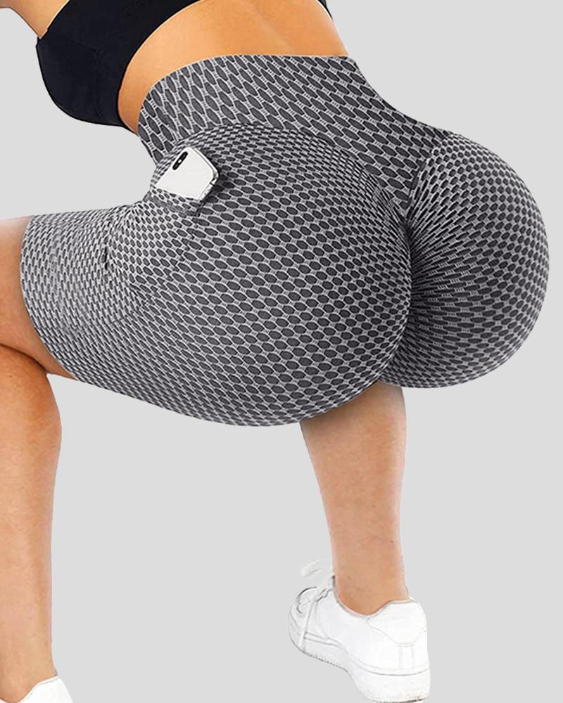 Solid Textured Pocket Decor Butt Lifting Sports Shorts-Pinkami