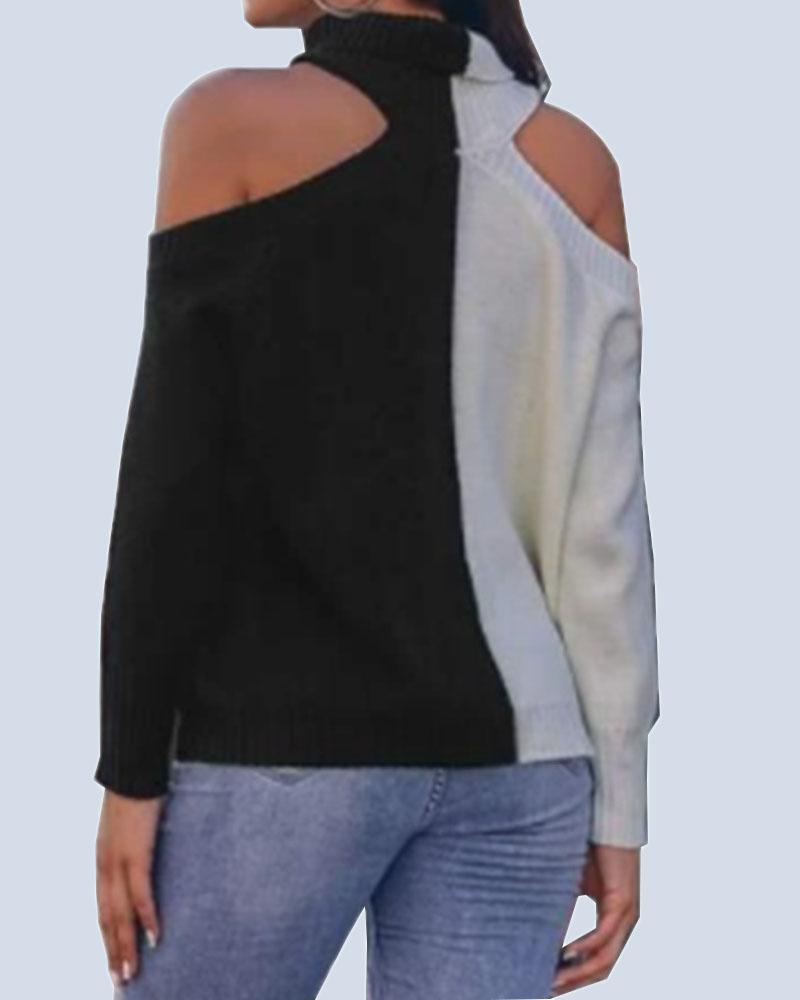Colorblock High Neck Cutout Sweater-Pinkami
