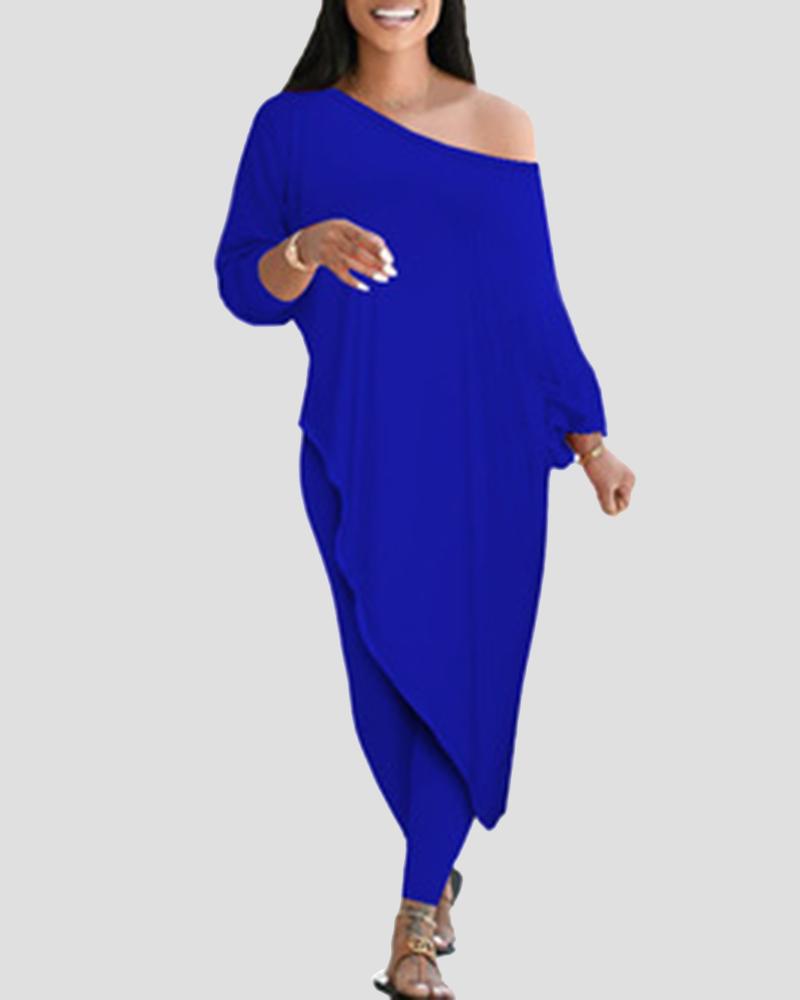 Solid Boat Neck Asymmetrical Long Sleeve Top & Pants Set-Pinkami