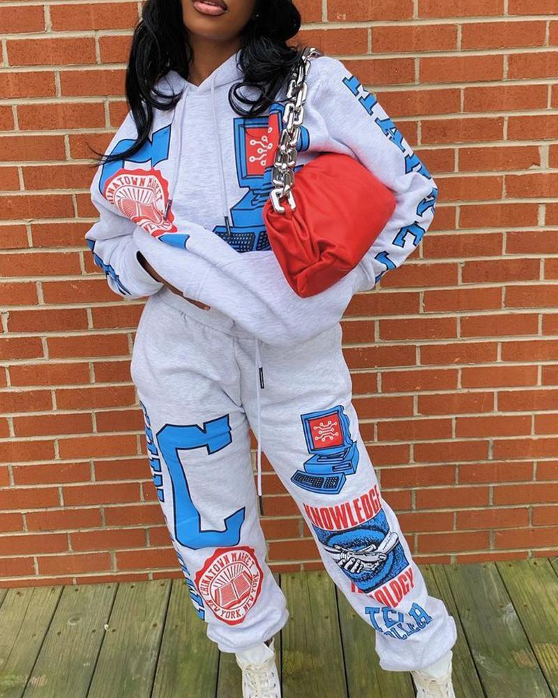 Letter & Graphic Print Hooded Top & Pants Set