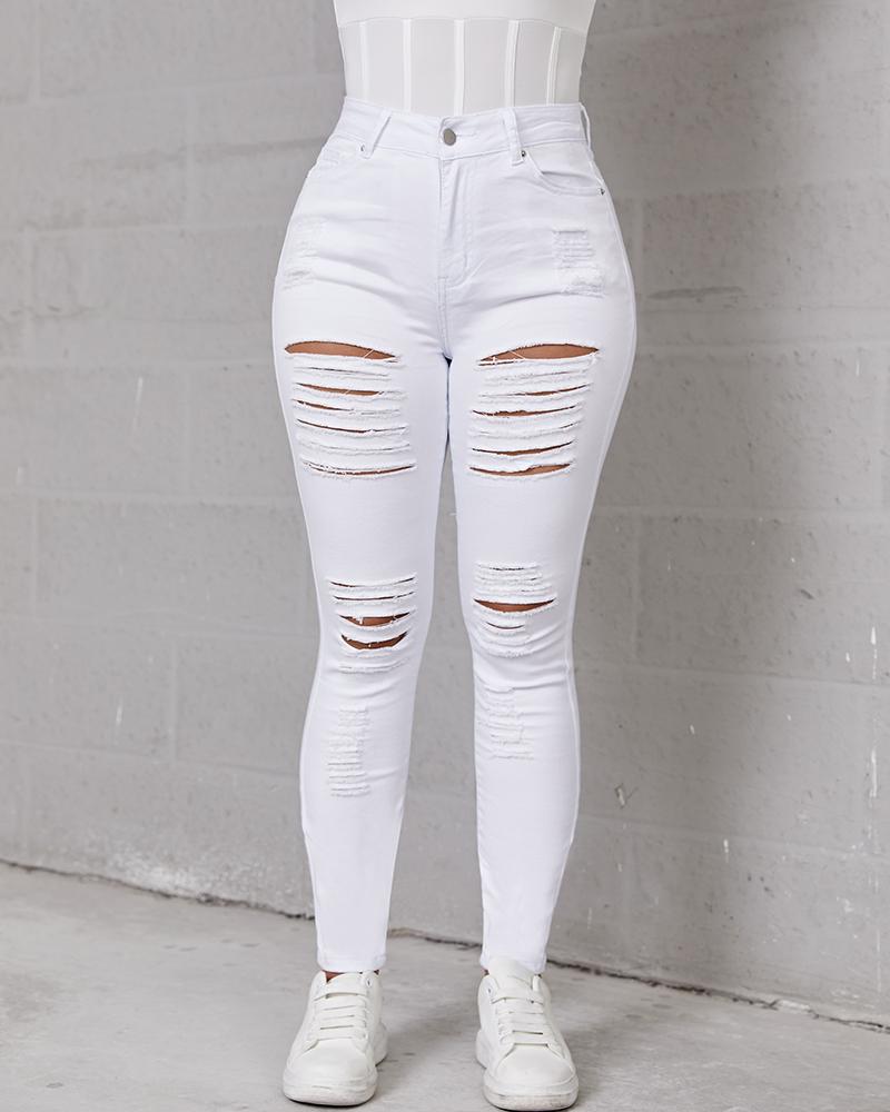Women Hollow Out Distressed Skinny Jeans-Pinkami