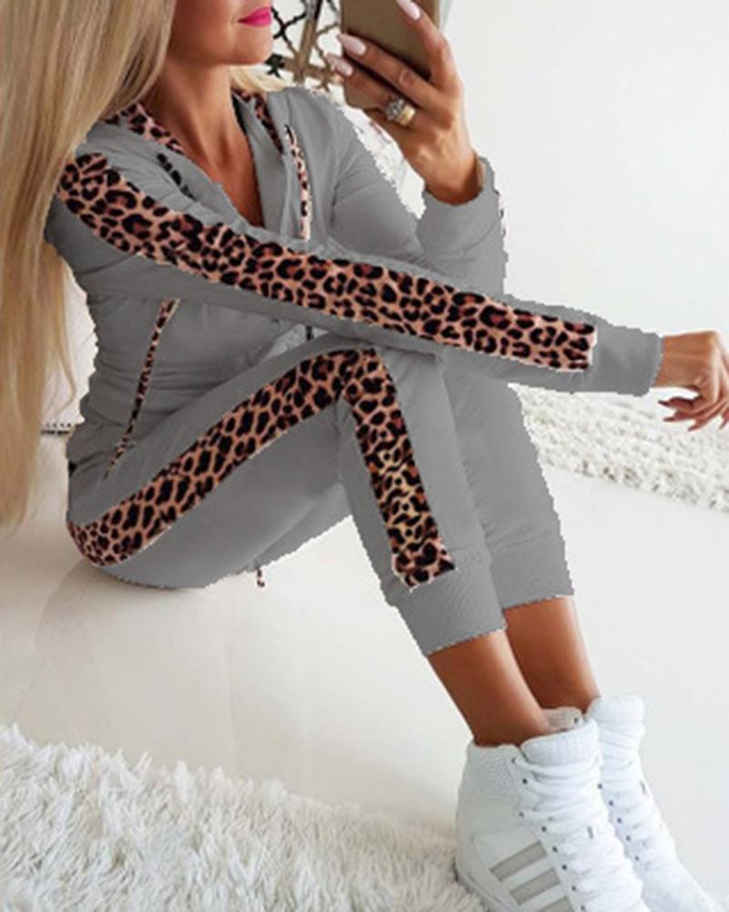 Leopard Print Zip Up Hooded Jacket & Pants Set-Pinkami