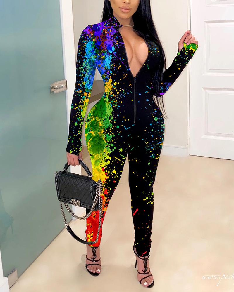 Splash Ink Print Zip Up Form Fitting Casual Jumpsuit