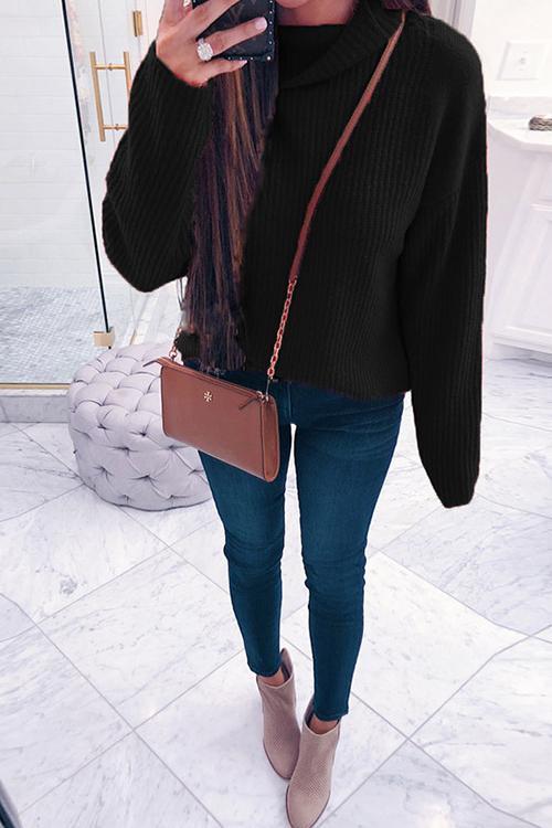 Solid Color High Neck Long Sleeve Sweater-Pinkami