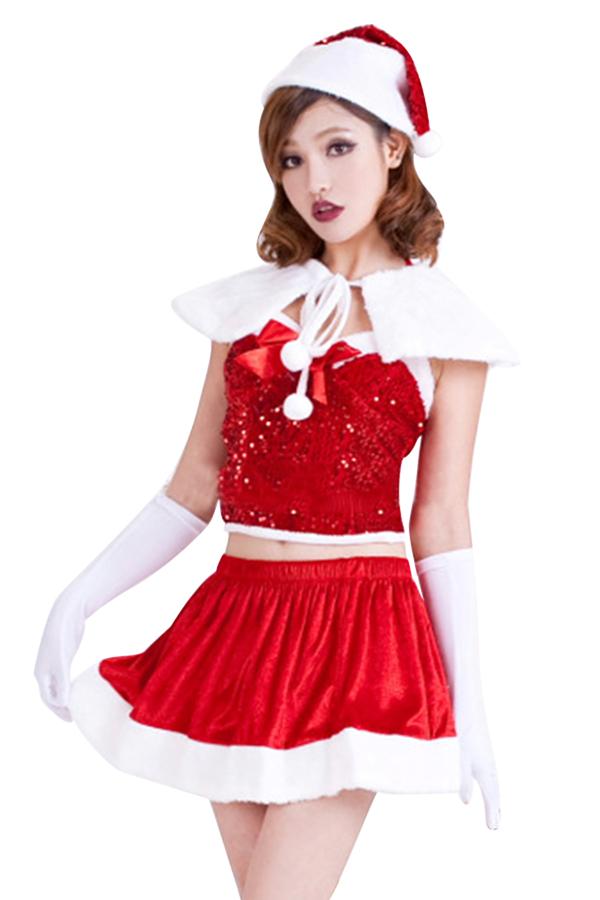 Womens Sexy Sequin Bow Shawl Off Shoulder Christmas Santa Costume Red-Pinkami