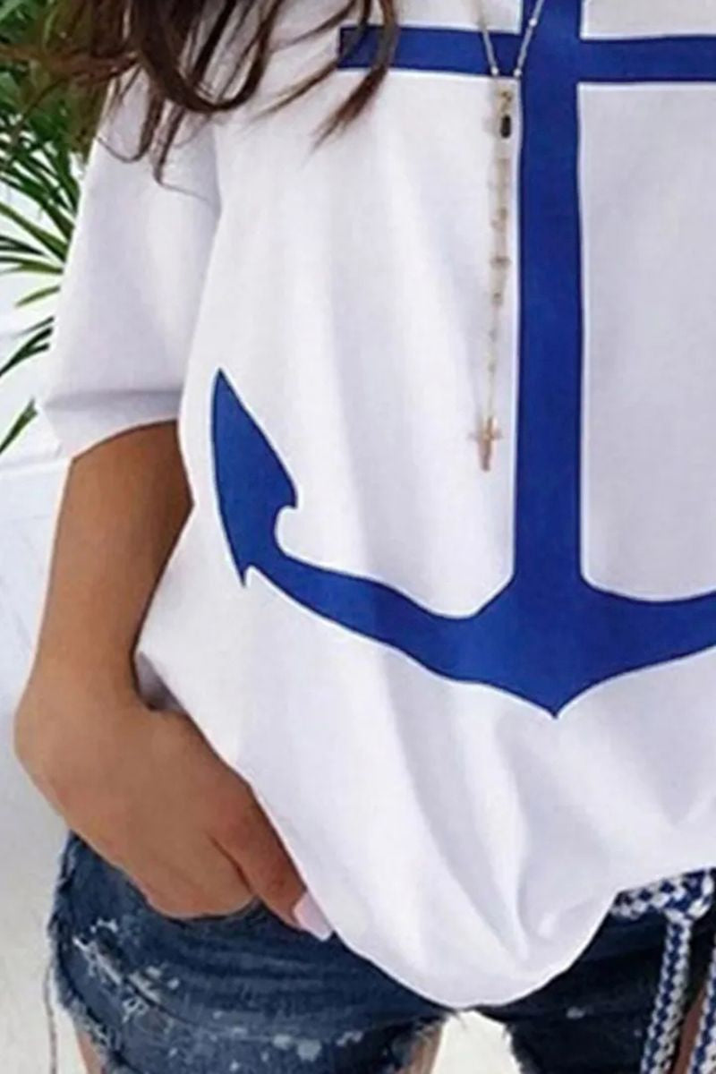 Anchor Print Half Sleeve Off Shoulder T-Shirt-Pinkami