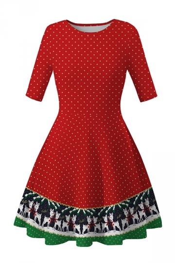Dot Print Christmas Reindeer Dress Red-Pinkami