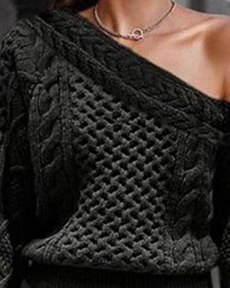 Solid Mixed Knit Lantern Sleeve Asymmetrical Neck Sweater-Pinkami