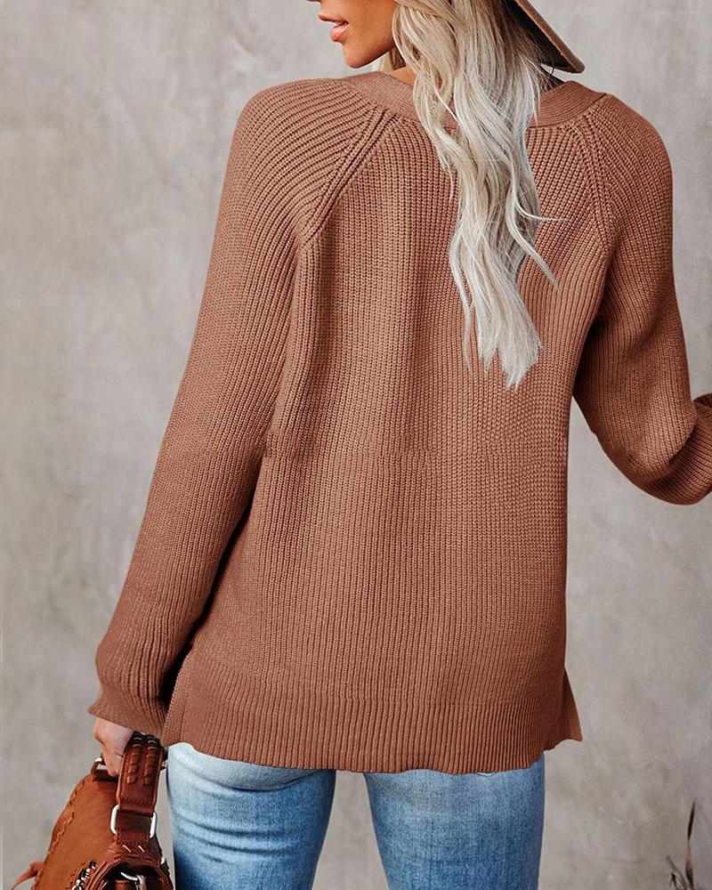 Solid Button Half Chunky Knit V Neck Sweater-Pinkami