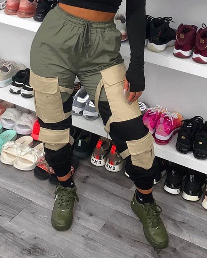 Colorblock Drawstring Waist Flap Pocket High Waist Sports Pants For Women-Pinkami