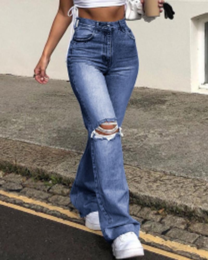 Women Ripped High Waist Flare Jeans-Pinkami