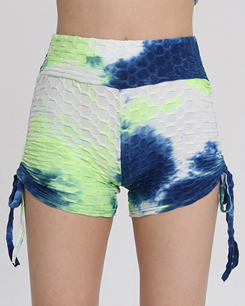 Tie Dye Textured Drawstring Side Butt Lifting High Waist Sports Shorts-Pinkami