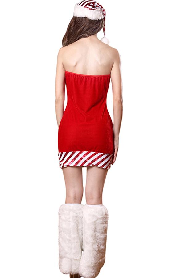 Womens Sexy Off Shoulder Bow Striped Christmas Santa Costume Red-Pinkami