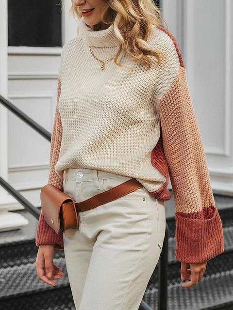Color Block Loose Funnel Neck Sweater-Pinkami