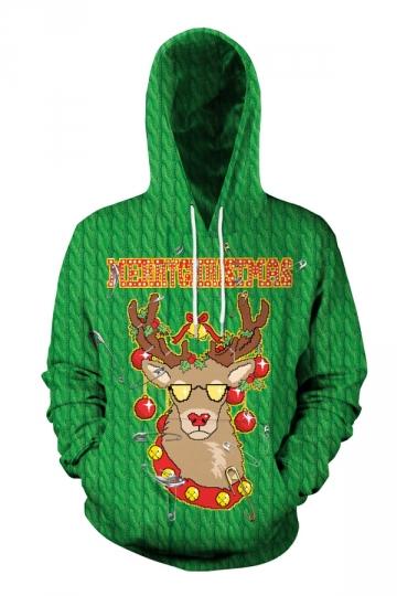Drawstring Reindeer Xmas Hoodie Oliver Green-Pinkami