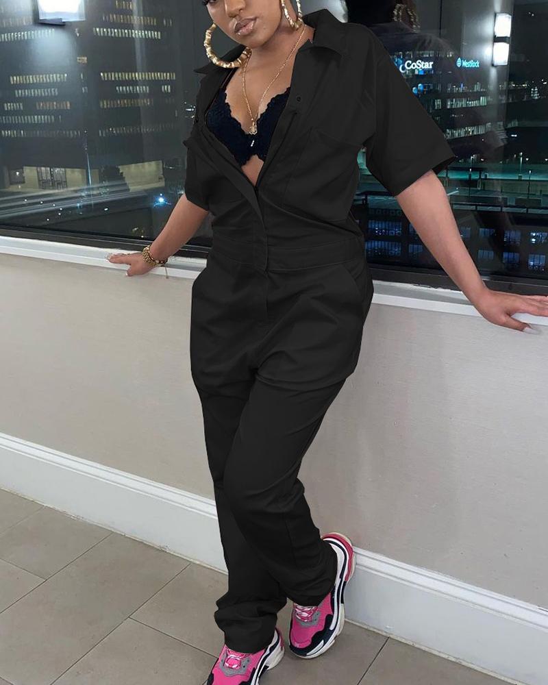 Solid Zip Up Pocket Detail Overall Casual Jumpsuit