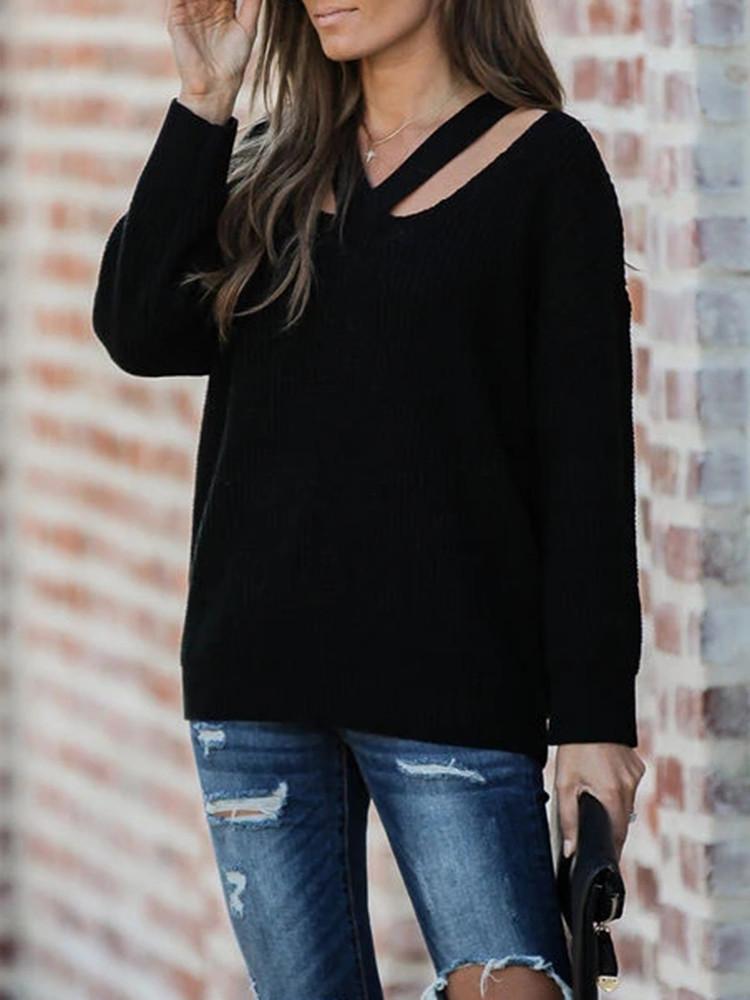 V-neck Solid Loose Sweater-Pinkami
