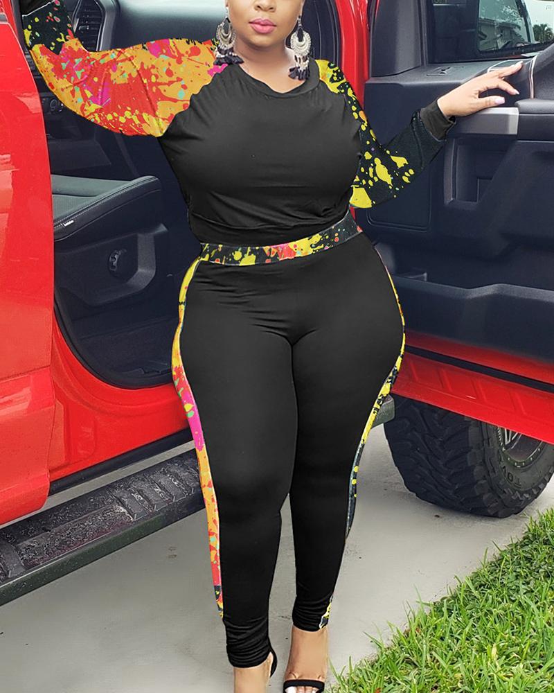 Splash Ink Print Long Sleeve Top & Pants Set-Pinkami