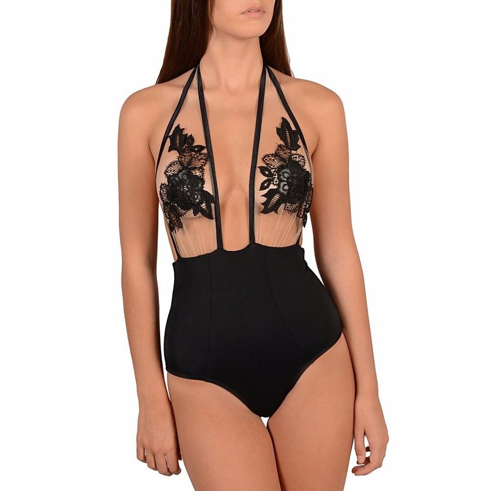 Black Halter Hollow Out Floral Lace-up Sheer Mesh Lace Bathing Suit-Pinkami