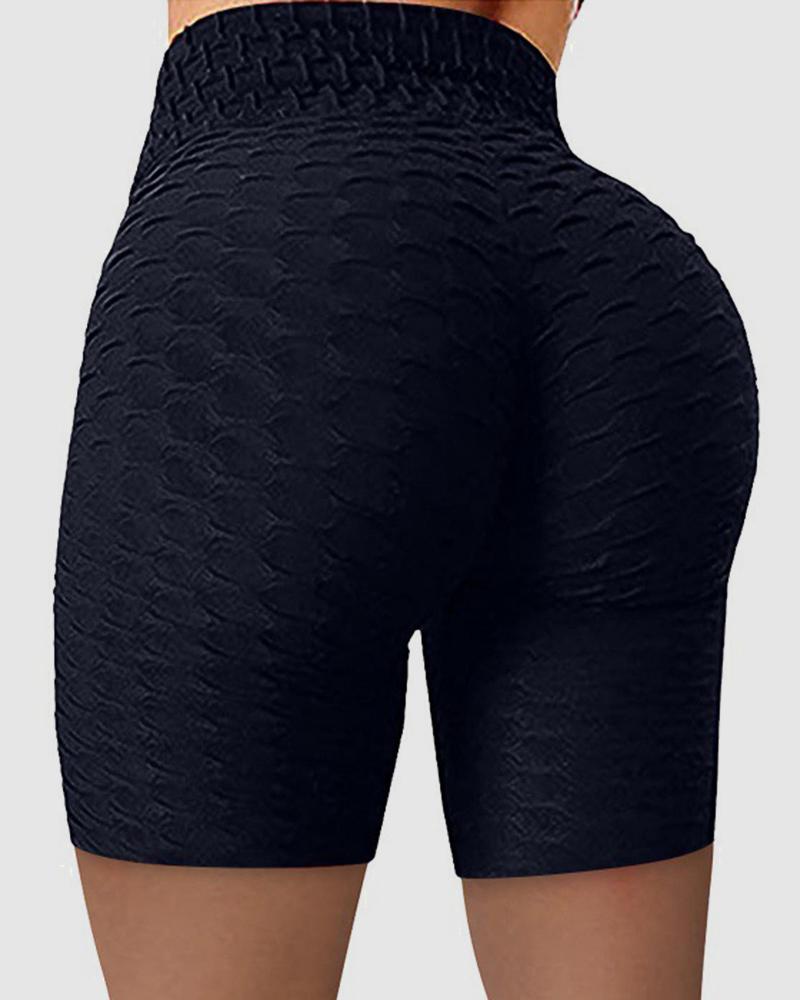 Solid Textured Wide Waistband Butt Lifting Sports Shorts-Pinkami