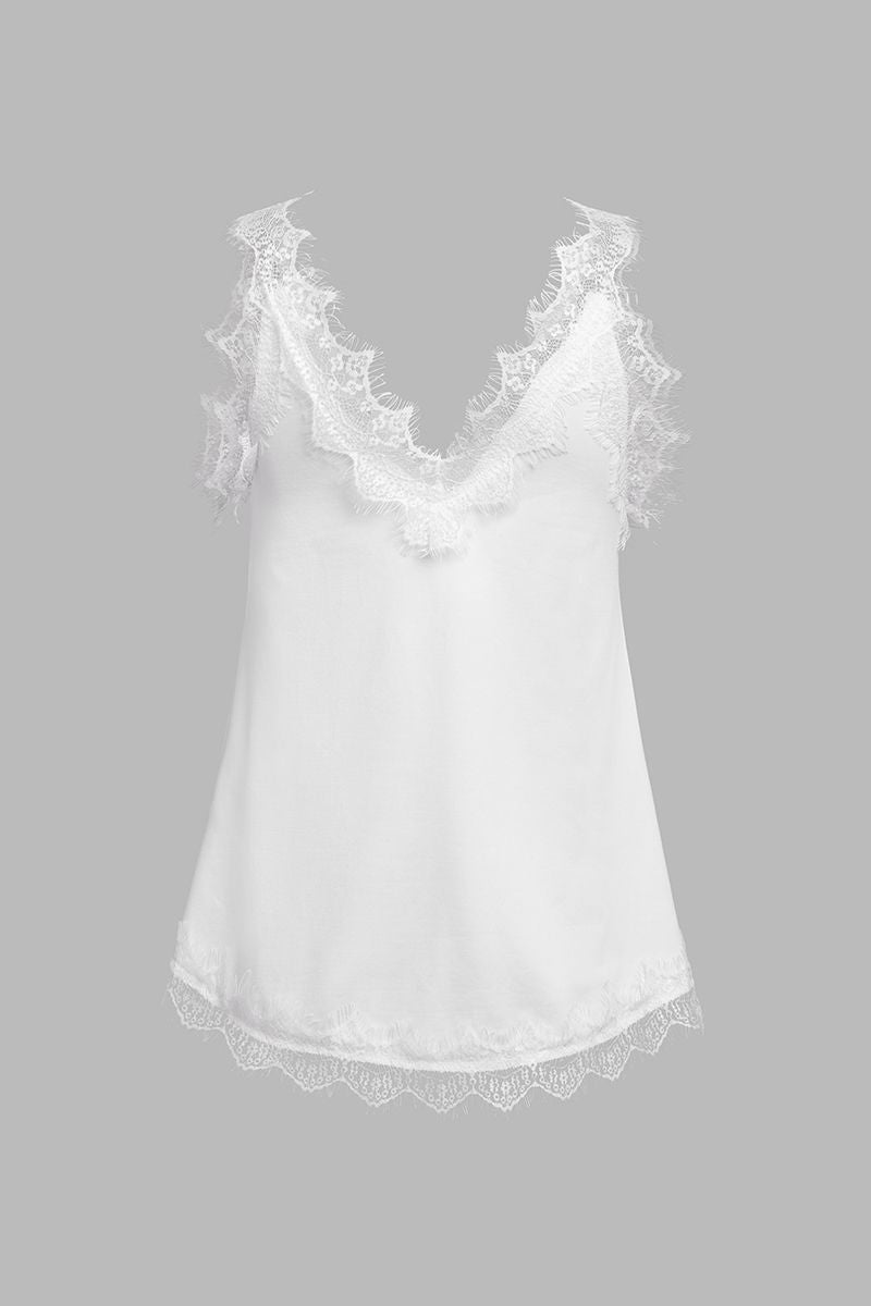 Contrast Lace Asymmetrical Hem Backless Tank Top-Pinkami