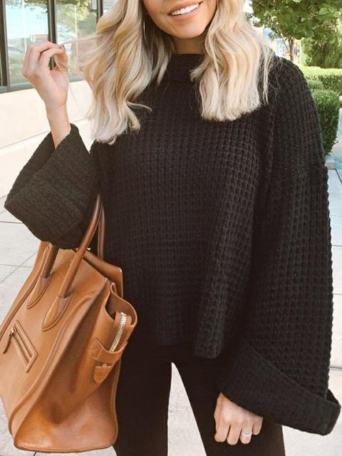 Casual Solid Color Knitted Turtleneck Sweater-Pinkami