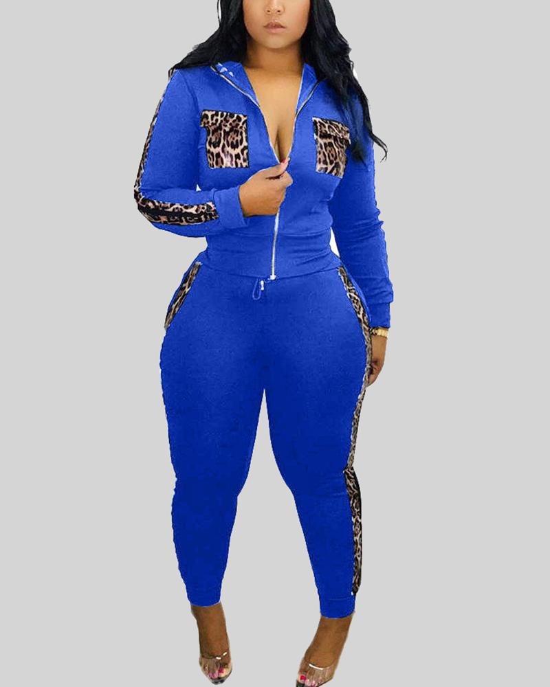 Leopard Print Zip Up Jacket & Pants Set-Pinkami
