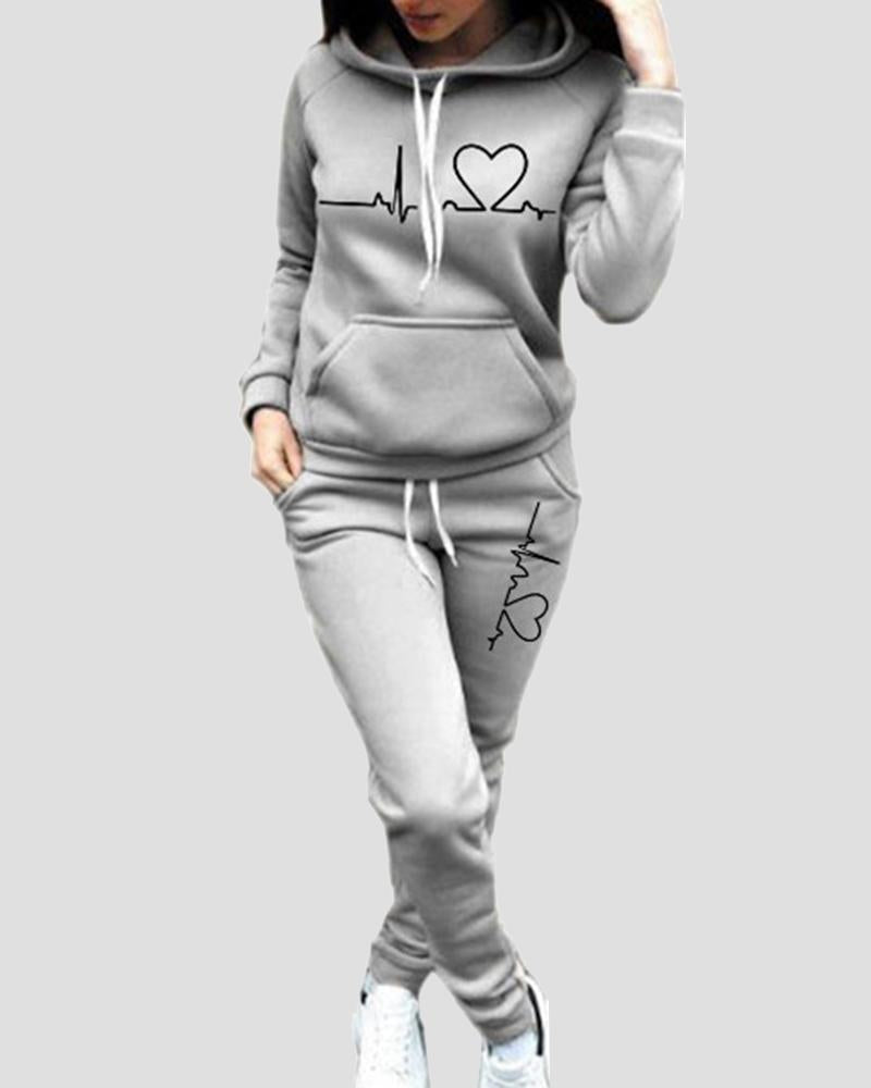 Heart & ECG Print Hooded Top & Pants Set-Pinkami
