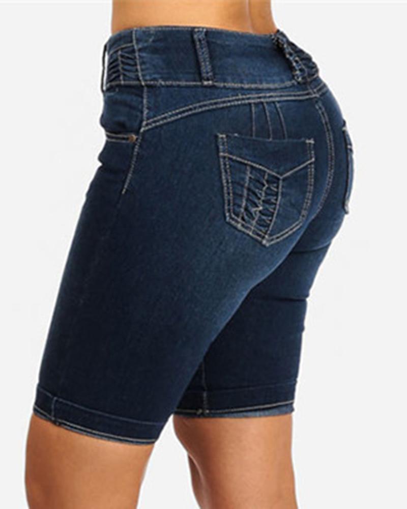 Women Solid Button Front Pocket Detail Demin Shorts-Pinkami