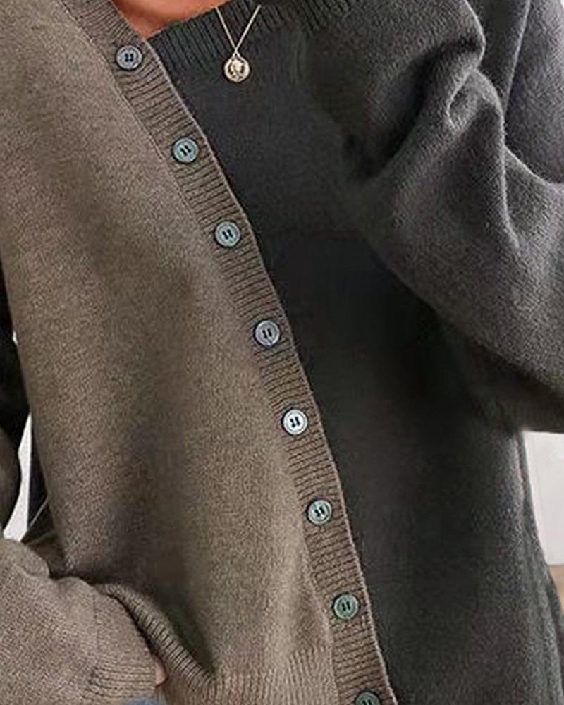 Two Tone Button Detail Asymmetrical Neck Sweater-Pinkami