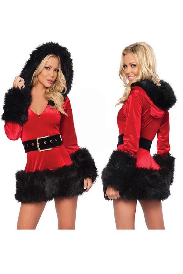 Hooded Santa Costume Sexy Mrs Santa Velvet Dress-Pinkami