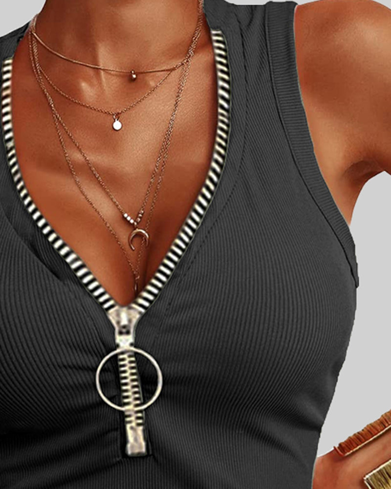 Solid Ribbed Zip Up Tank Top-Pinkami