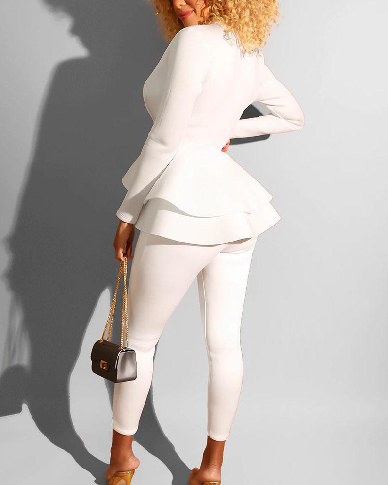 Solid Tiered Layer Ruffle Hem Blazer & Pants Set-Pinkami