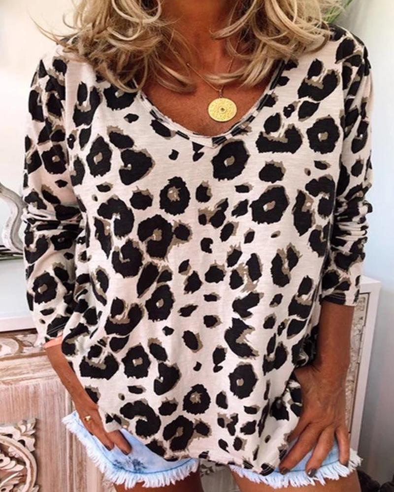 V Neck Leopard Print Loose Top-Pinkami
