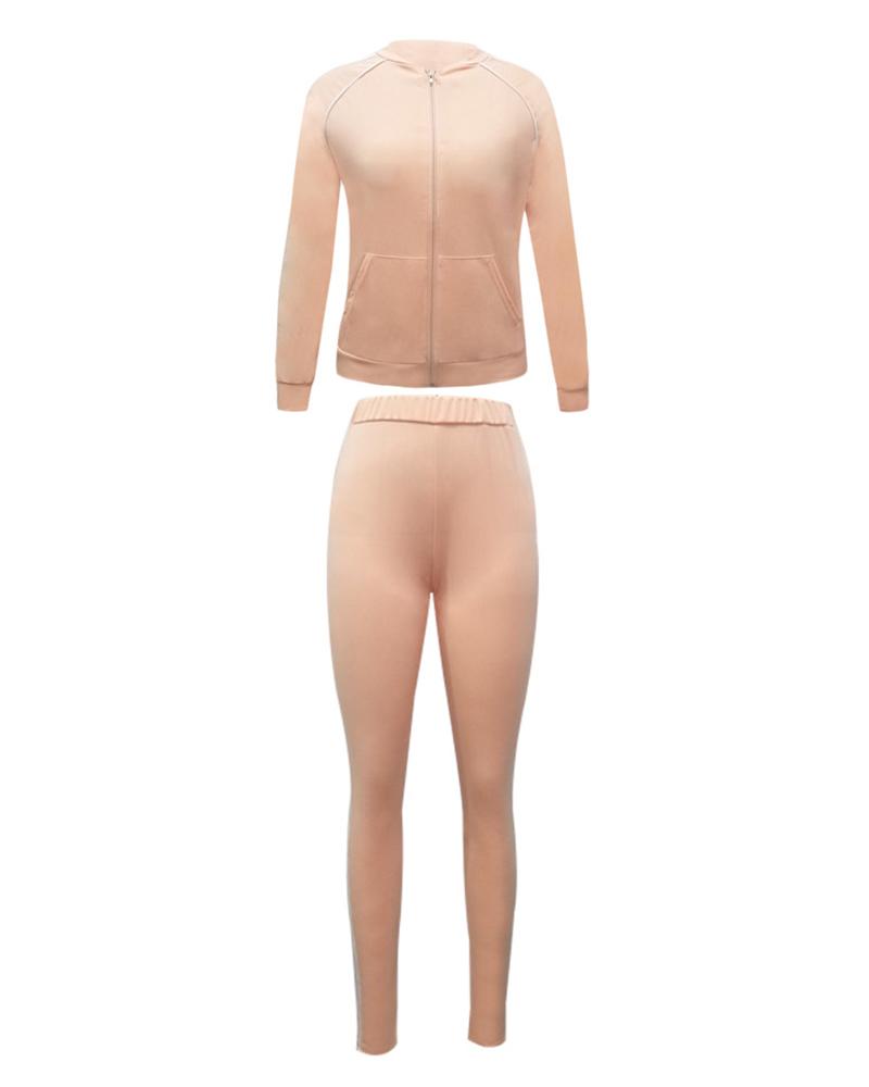 Striped Side Zip Up Pocket Detail Jacket & Pants Set-Pinkami