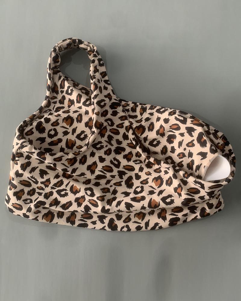 Leopard Print One Shoulder Sports Bra-Pinkami