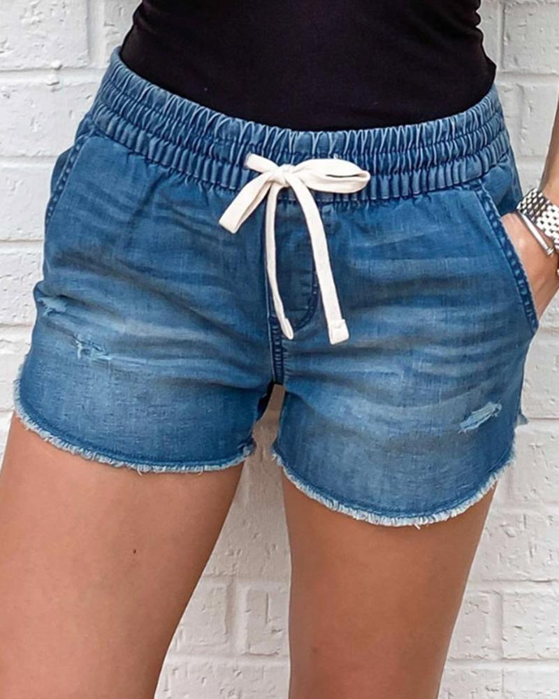 Women Drawstring Elastic Waist Slant Pocket Denim Shorts-Pinkami