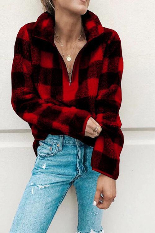 Plaid Long Sleeve High Collar Zip Hoodie-Pinkami