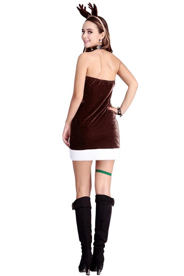 Womens Pretty Off Shoulder Reindeer Christmas Costume Chestnut-Pinkami