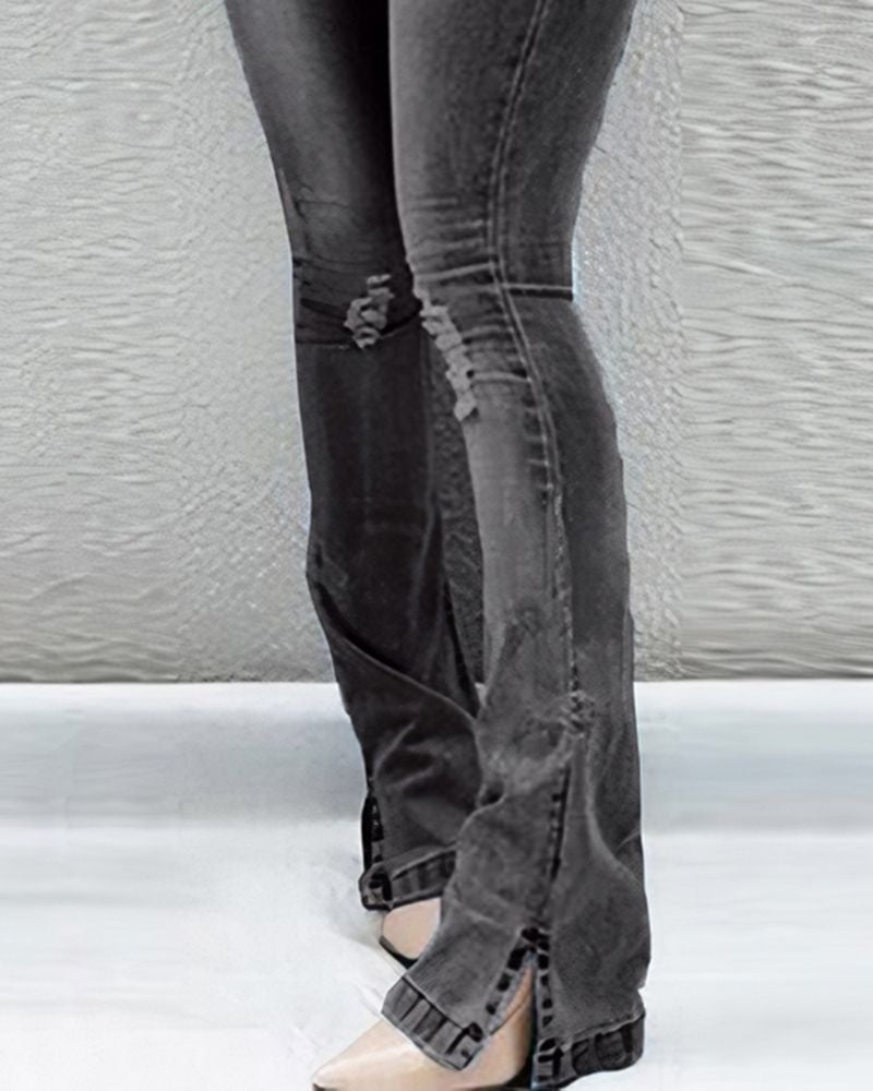 Split Hem Ripped Pocket Detail High Waist Flare Jeans-Pinkami