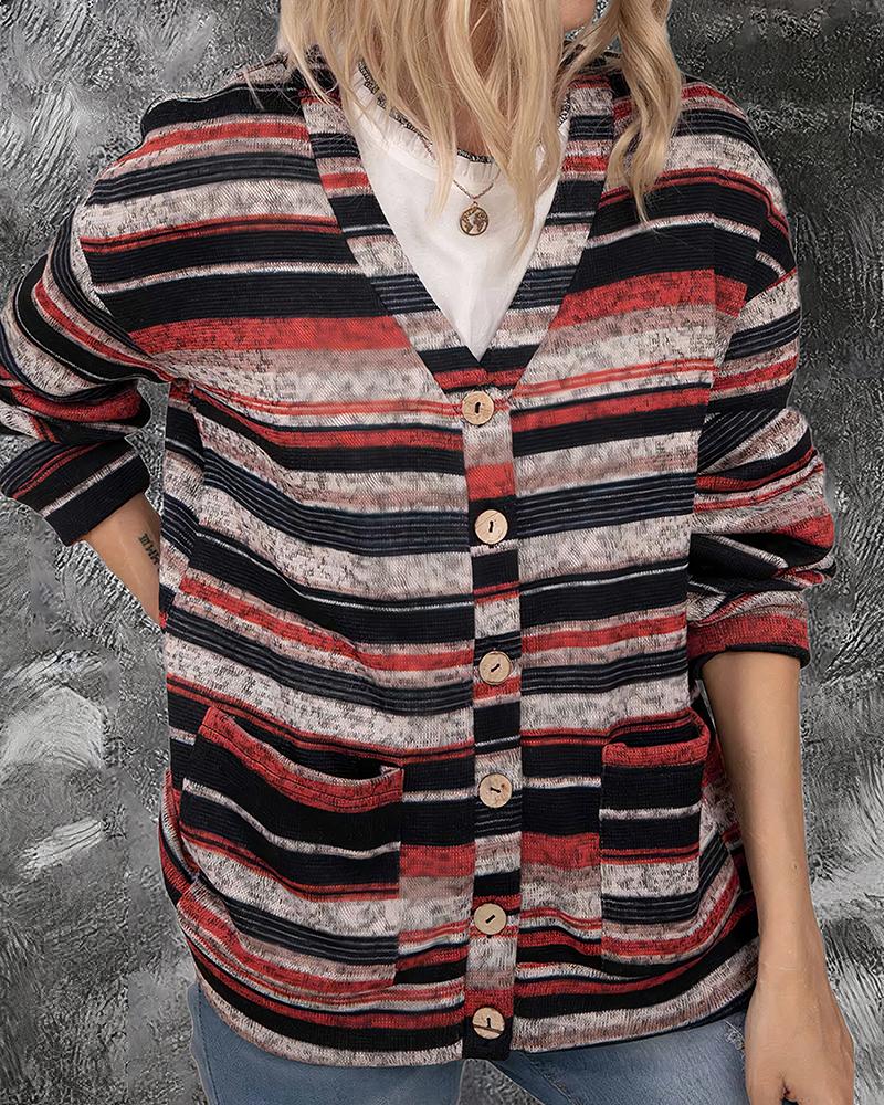 Striped Button Up Dual Pocket Sweater-Pinkami