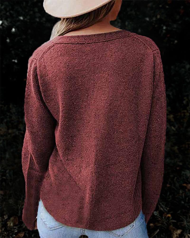 Solid Topstitching Button Up V Neck Sweater-Pinkami