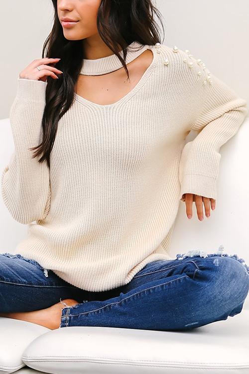 Solid Color V-neck Pearl Sweater-Pinkami