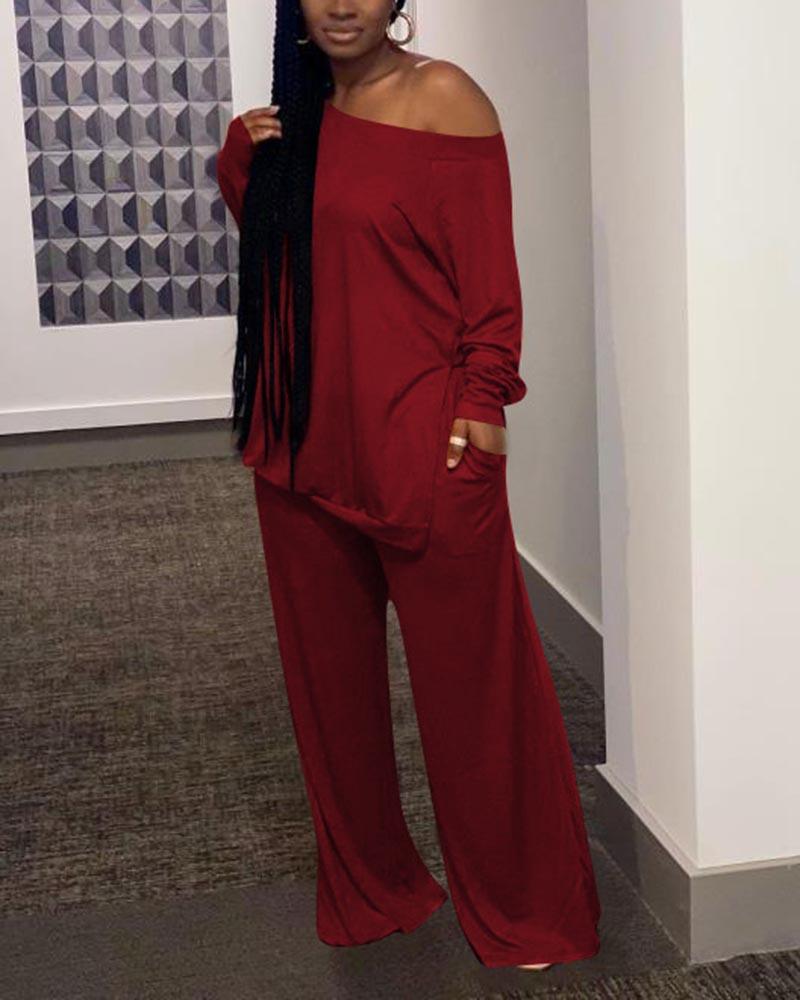 Solid Split Hem Boat Neck Top & Pants Set-Pinkami